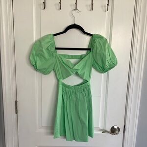 Green Puff Sleeve Cutout Dress